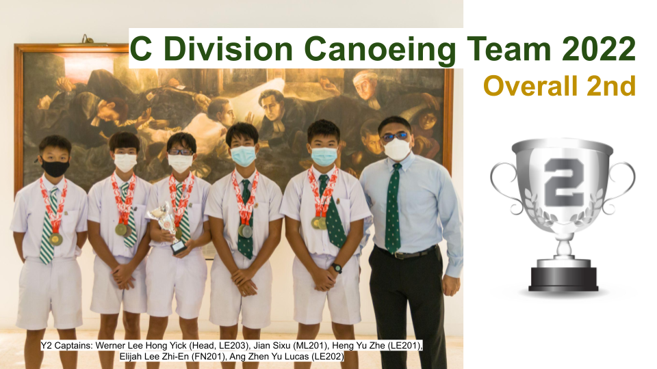 Five masked students with medals pose with a teacher, celebrating C Division Canoeing Team 2022 Overall 2nd place.